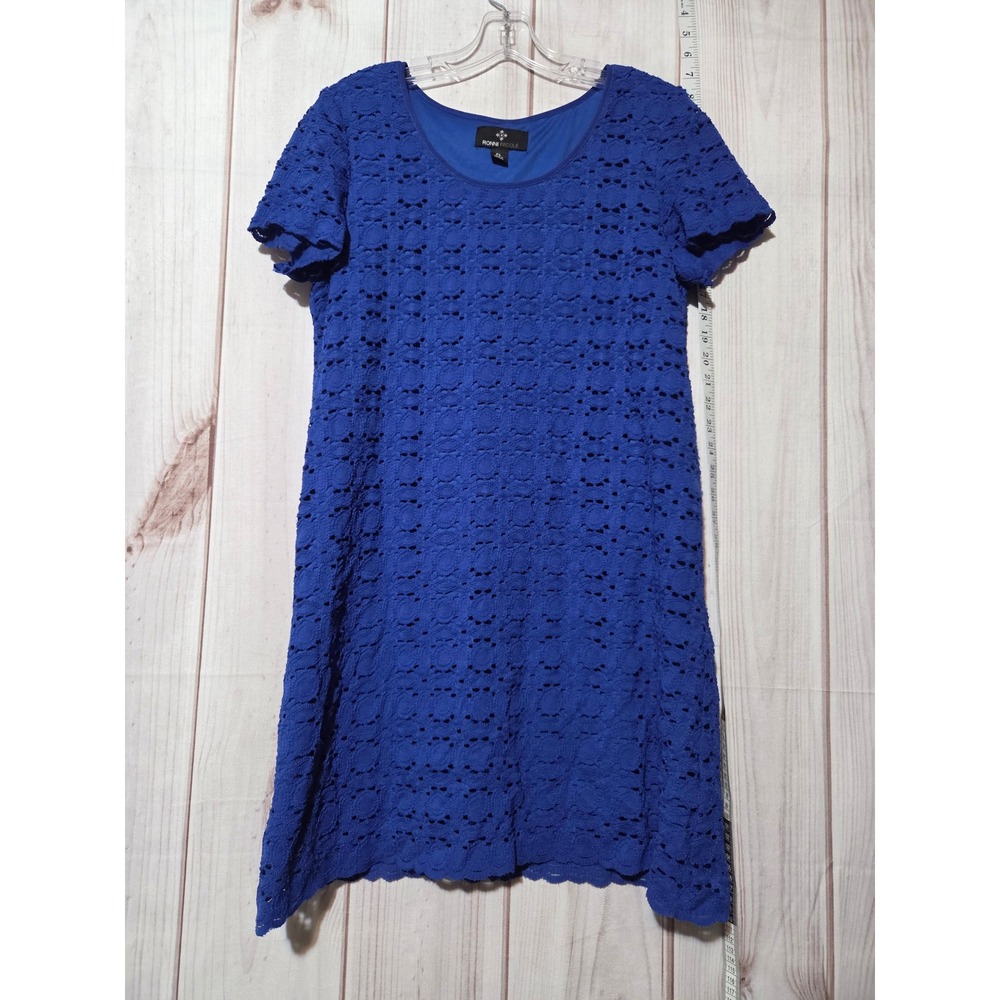 Ronni Nicole Blue Crochet Lace Sheath Dress Shortβ Sleeve Knee Length PL